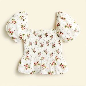 Puff-sleeve smocked top in strawberry floral
